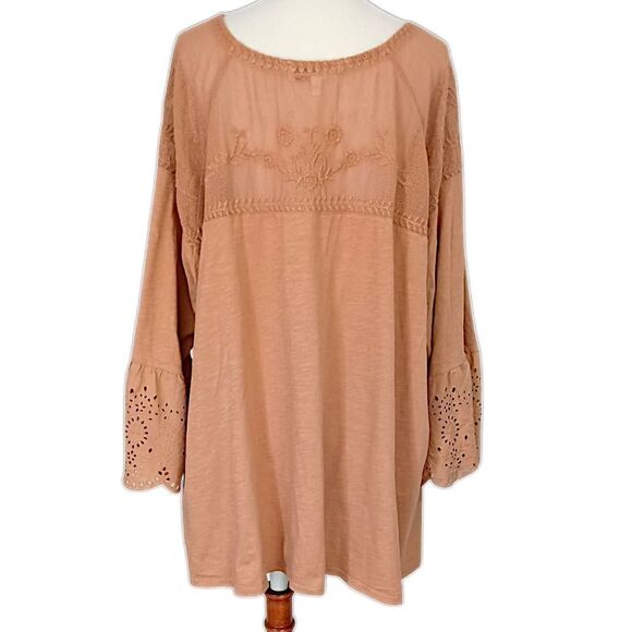 Sonoma Mesh Embroidered Top 3X Eyelet Camel Color Jersey Knit Boho Chic Western. - Picture 4 of 16